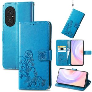 For Honor 50 SE Four-leaf Clasp Embossed Buckle Mobile Phone Protection Leather Case with Lanyard & Card Slot & Wallet & Bracket Function(Blue) (OEM)