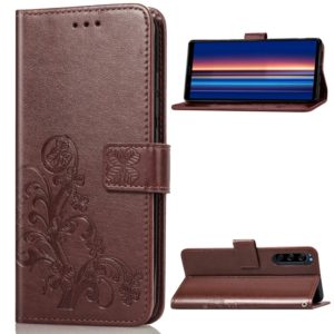 For Sony Xperia 5 Four-leaf Clasp Embossed Buckle Mobile Phone Protection Leather Case with Lanyard & Card Slot & Wallet & Bracket Function(Brown) (OEM)