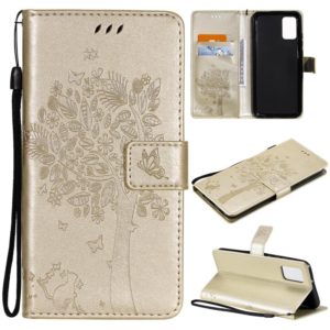 For Samsung Galaxy A02s Tree & Cat Pattern Pressed Printing Horizontal Flip PU Leather Case with Holder & Card Slots & Wallet & Lanyard(Gold) (OEM)
