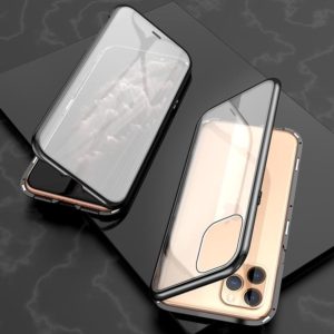 For iPhone 11 Pro Max Ultra Slim Double Sides Magnetic Adsorption Angular Frame Tempered Glass Magnet Flip Case(Black) (OEM)