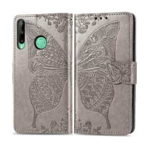 For Huawei Y7P Butterfly Love Flower Embossed Horizontal Flip Leather Case with Bracket / Card Slot / Wallet / Lanyard(Gray) (OEM)
