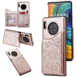 For Huawei Mate 30 Pro Flower Embossing Pattern Shockproof Protective Case with Holder & Card Slots & Photo Frame(Rose Gold) (OEM)