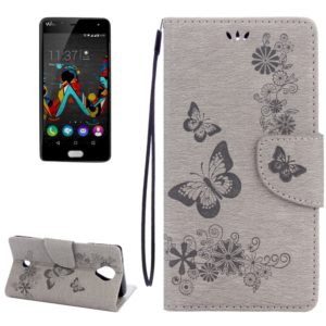 Butterflies Embossing Horizontal Flip Leather Case for Wiko U Feel, with Holder & Card Slots & Wallet & Lanyard(Grey) (OEM)