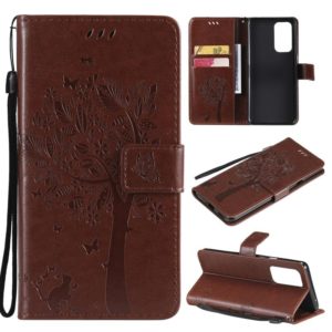 For OnePlus 9 Pro Tree & Cat Pattern Pressed Printing Horizontal Flip PU Leather Case with Holder & Card Slots & Wallet & Lanyard(Coffee) (OEM)