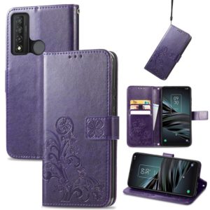For TCL 20 XE Four-leaf Clasp Embossed Buckle Mobile Phone Leather Case(Purple) (OEM)