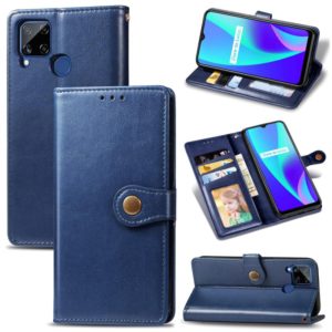 For OPPO Realme C15 Retro Solid Color Leather Buckle Phone Case with Lanyard & Photo Frame & Card Slot & Wallet & Stand Function(Blue) (OEM)