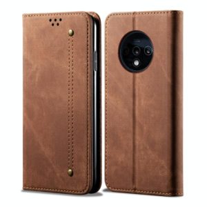 For OnePlus 7T Denim Texture Casual Style Horizontal Flip Leather Case with Holder & Card Slots & Wallet(Brown) (OEM)