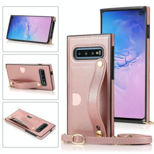 For Samsung Galaxy S10 Wrist Strap PU+TPU Shockproof Protective Case with Crossbody Lanyard & Holder & Card Slot(Rose Gold) (OEM)