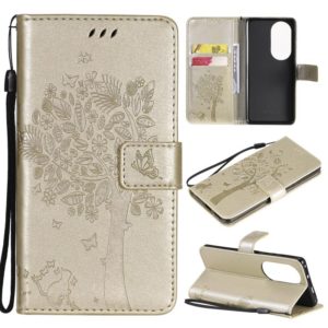 For Huawei P50 Pro Tree & Cat Pattern Pressed Printing Horizontal Flip PU Leather Case with Holder & Card Slots & Wallet & Lanyard(Gold) (OEM)