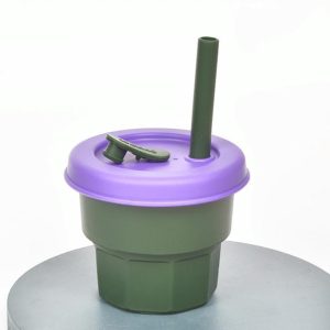 Children Silicone Straw Cups Drop And High Temperature Resistant Water Cups Ink Green Cup + Purple Cover(300ml) (OEM)