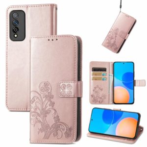 For Honor Play 5T Pro Four-leaf Clasp Embossed Leather Case with Lanyard & Card Slot & Wallet & Holder(Rose Gold) (OEM)