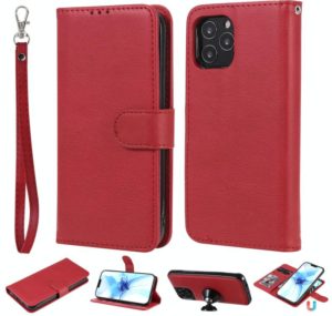 For iPhone 12 / 12 Pro 2 in 1 Solid Color Detachable PU Leather Case with Card Slots & Magnetic Holder & Photo Frame & Wallet & Strap(Red) (OEM)
