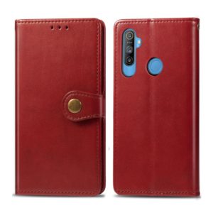 For OPPO Realme C3 Retro Solid Color Leather Buckle Phone Case with Lanyard & Photo Frame & Card Slot & Wallet & Stand Function(Red) (OEM)