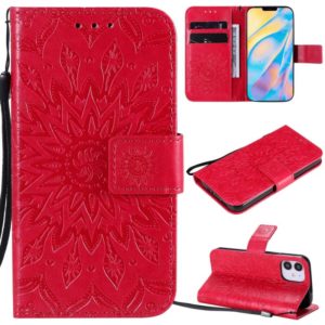 For iPhone 12 mini Pressed Printing Sunflower Pattern Horizontal Flip PU Leather Case Holder & Card Slots & Wallet & Lanyard(Red) (OEM)