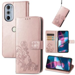 For Motorola Edge 30 Pro Four-leaf Clasp Embossed Buckle Leather Phone Case(Rose Gold) (OEM)