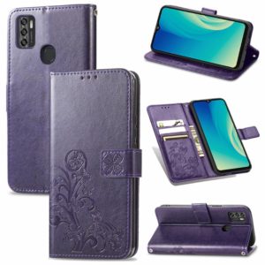For ZTE A7S 2020 Four-leaf Clasp Embossed Buckle Mobile Phone Protection Leather Case with Lanyard & Card Slot & Wallet & Bracket Function(Purple) (OEM)