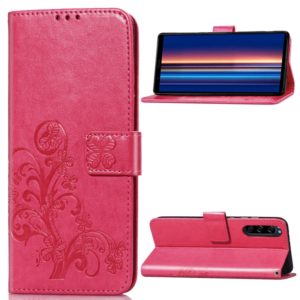 For Sony Xperia 5 Four-leaf Clasp Embossed Buckle Mobile Phone Protection Leather Case with Lanyard & Card Slot & Wallet & Bracket Function(Magenta) (OEM)