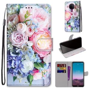 For Nokia 5.4 Coloured Drawing Cross Texture Horizontal Flip PU Leather Case with Holder & Card Slots & Wallet & Lanyard(Light Pink Bouquet) (OEM)