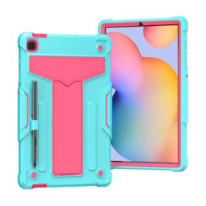 For Samsung Galaxy Tab S6 Lite P610/615 T-shaped Bracket Contrast Color Shockproof PC + Silicone Protective Case(Mint Green+Rose Red) (OEM)