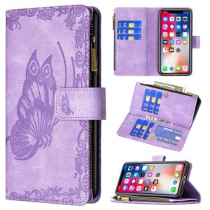 For iPhone X / XS Flying Butterfly Embossing Pattern Zipper Horizontal Flip Leather Case with Holder & Card Slots & Wallet(Purple) (OEM)