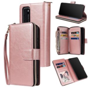 For Huawei P40 Zipper Wallet Bag Horizontal Flip PU Leather Case with Holder & 9 Card Slots & Wallet & Lanyard & Photo Frame(Rose Gold) (OEM)