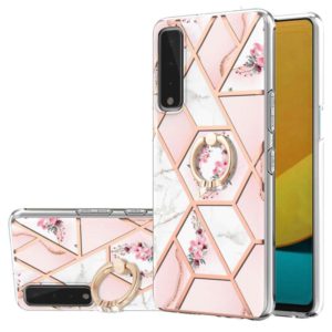 For LG Stylo 7 5G Electroplating Splicing Marble Flower Pattern TPU Shockproof Case with Rhinestone Ring Holder(Pink Flower) (OEM)