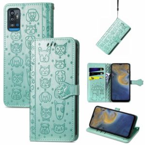 For ZTE A71 Lovely Cat and Dog Embossing Pattern Horizontal Flip Leather Case , with Holder & Card Slots & Wallet & Cartoon Clasp & Lanyard(Green) (OEM)