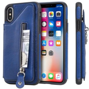 For iPhone X Solid Color Double Buckle Zipper Shockproof Protective Case(Blue) (OEM)