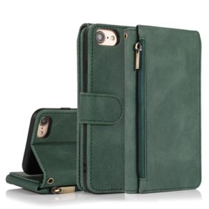For iPhone SE 2022 / SE 2020 / 8 / 7 Skin-feel Crazy Horse Texture Zipper Wallet Bag Horizontal Flip Leather Case with Holder & Card Slots & Wallet & Lanyard(Dark Green) (OEM)