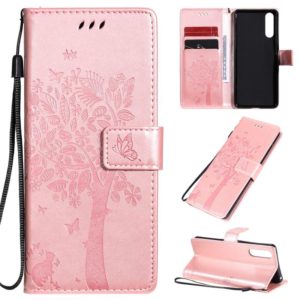For Sony Xperia 10 II Tree & Cat Embossed Pattern Horizontal Flip Leather Case with Holder & Card Slots & Wallet & Lanyard(Rose Gold) (OEM)
