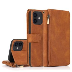 For iPhone 12 / 12 Pro Skin-feel Crazy Horse Texture Zipper Wallet Bag Horizontal Flip Leather Case with Holder & Card Slots & Wallet & Lanyard(Brown) (OEM)