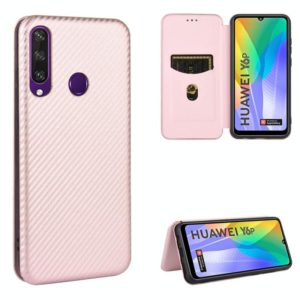 For Huawei Y6p Carbon Fiber Texture Horizontal Flip TPU + PC + PU Leather Case with Card Slot(Pink) (OEM)