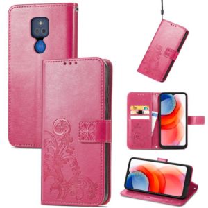 For Motorola G Play Four-leaf Clasp Embossed Buckle Mobile Phone Protection Leather Case with Lanyard & Card Slot & Wallet & Bracket Function(Magenta) (OEM)