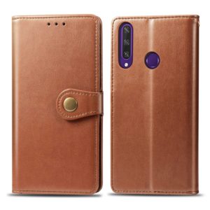 For Huawei Y6P Retro Solid Color Leather Buckle Phone Case with Lanyard & Photo Frame & Card Slot & Wallet & Stand Function(Brown) (OEM)
