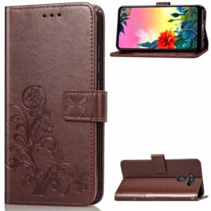 For LG K50S Four-leaf Clasp Embossed Buckle Mobile Phone Protection Leather Case with Lanyard & Card Slot & Wallet & Bracket Function(Brown) (OEM)