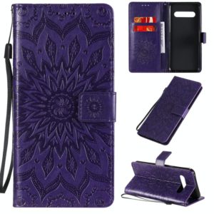 For LG V60 ThinQ 5G Embossed Sunflower Pattern Horizontal Flip PU Leather Case with Holder & Card Slots & Wallet & Lanyard(Purple) (OEM)