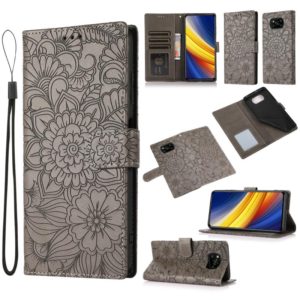 For Xiaomi POCO X3 NFC / X3 Pro / X3 Skin Feel Embossed Sunflower Horizontal Flip Leather Case with Holder & Card Slots & Wallet & Lanyard(Grey) (OEM)