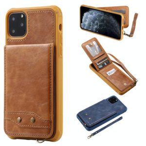 For iPhone 11 Pro Max Vertical Flip Shockproof Leather Protective Case with Short Rope, Support Card Slots & Bracket & Photo Holder & Wallet Function(Brown) (OEM)