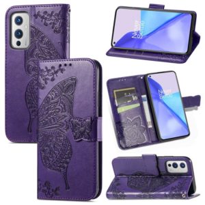 For OnePlus 9 Butterfly Love Flowers Embossed Horizontal Flip Leather Case with Holder & Card Slots & Wallet & Lanyard(Dark Purple) (OEM)