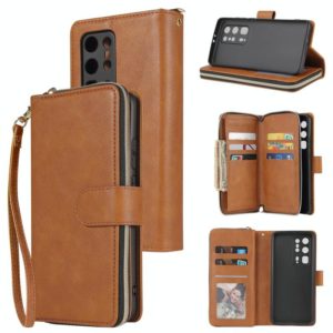 For Huawei P40 Pro+ Zipper Wallet Bag Horizontal Flip PU Leather Case with Holder & 9 Card Slots & Wallet & Lanyard & Photo Frame(Brown) (OEM)