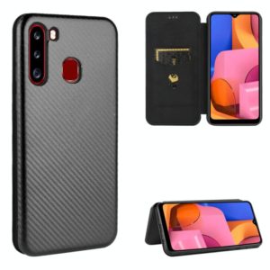 For Samsung Galaxy A21(Eurasian Version) Carbon Fiber Texture Horizontal Flip TPU + PC + PU Leather Case with Rope & Card Slot(Black) (OEM)
