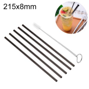 5pcs Reusable Stainless Steel Straight Drinking Straw + Cleaner Brush Set Kit, 215*8mm(Black) (OEM)