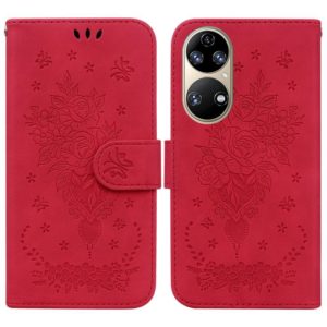 For Huawei P50 Butterfly Rose Embossed Leather Phone Case(Red) (OEM)