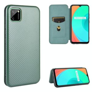 For OPPO Realme C11 Carbon Fiber Texture Horizontal Flip TPU + PC + PU Leather Case with Card Slot(Green) (OEM)