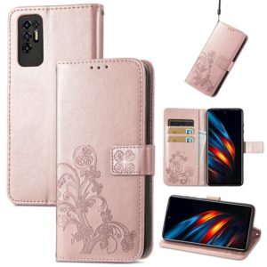 For Tecno Pova 2 Four-leaf Clasp Embossed Buckle Mobile Phone Protection Leather Case with Lanyard & Card Slot & Wallet & Bracket Function(Rose Gold) (OEM)