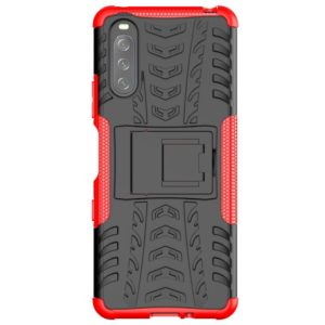 For Sony Xperia 10 III Tire Texture Shockproof TPU+PC Protective Case with Holder(Red) (OEM)