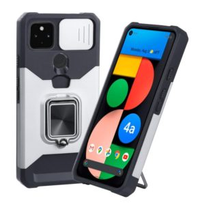 For Google Pixel 5a 5G Sliding Camera Cover Design PC + TPU Shockproof Case with Ring Holder & Card Slot(Silver) (OEM)