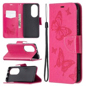 For Huawei P50 Pro Two Butterflies Embossing Pattern Horizontal Flip Leather Case with Holder & Card Slot & Wallet & Lanyard(Rose Red) (OEM)