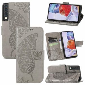 For LG Stylo 7 4G Butterfly Love Flower Embossed Horizontal Flip Leather Case with Bracket / Card Slot / Wallet / Lanyard(Grey) (OEM)