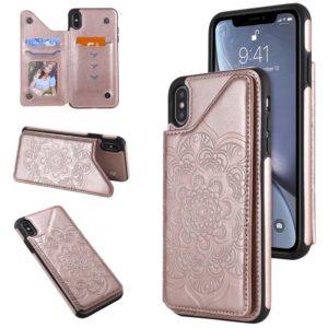 For iPhone XS Max Flower Embossing Pattern Shockproof Protective Case with Holder & Card Slots & Photo Frame(Rose Gold) (OEM)
